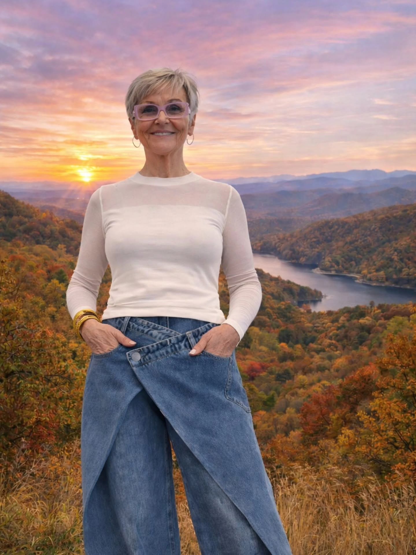 Mindy smiling in a white top and wide-leg jeans against a stunning mountain sunset backdrop
